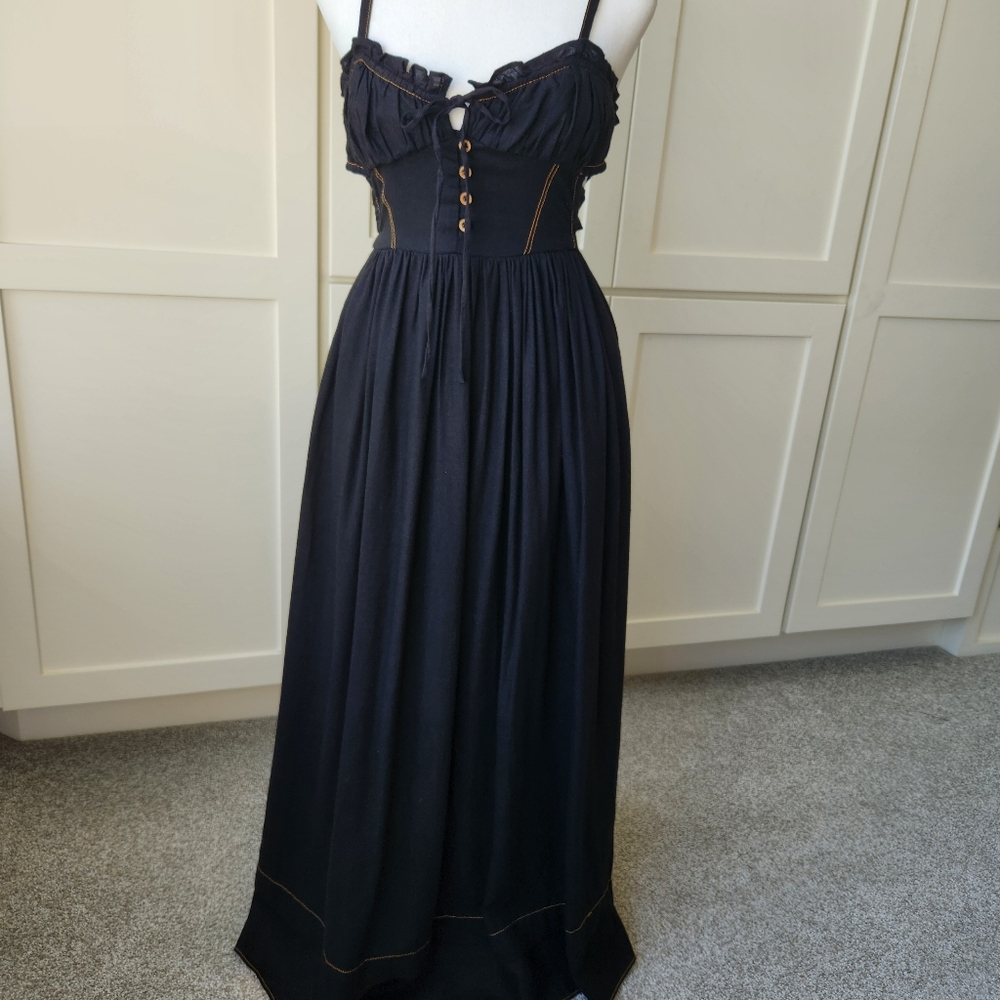 UO Cora Linen Open Back Midi Dress Black Corset Bodice Buttons Extra Small XS